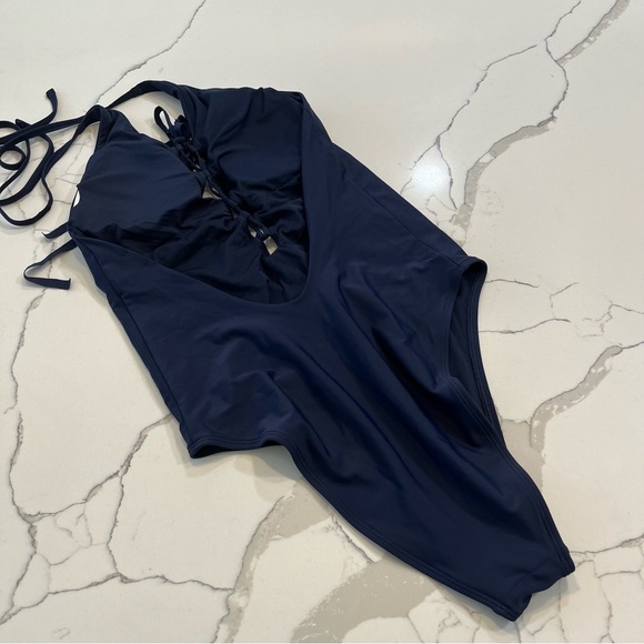 AERIE one piece navy blue swimsuit women’s large lace front low back high waist - Picture 3 of 10